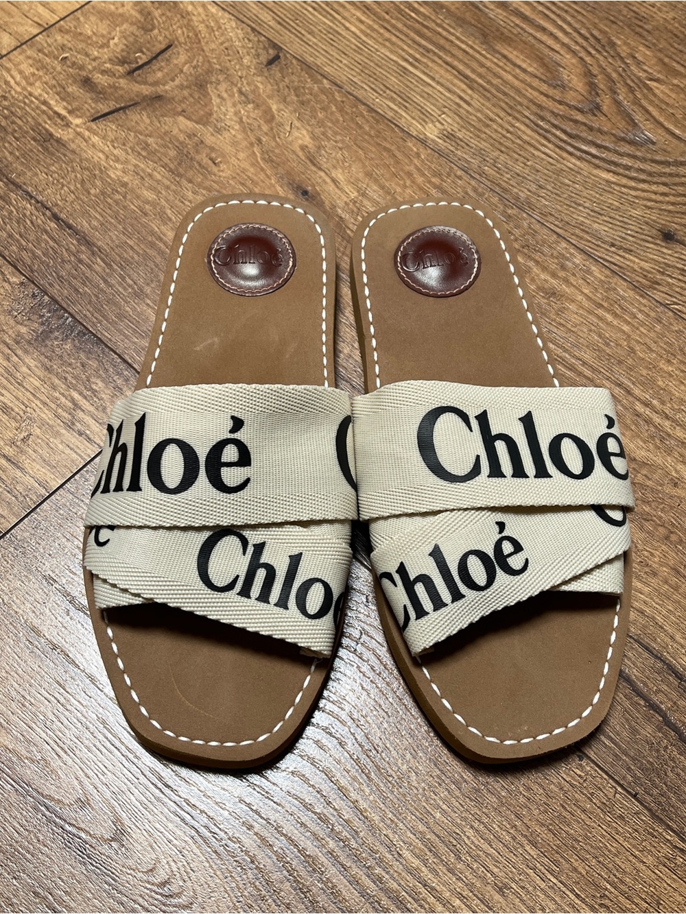 Chloé Woody Logo Canvas Slide Sandals Size 38